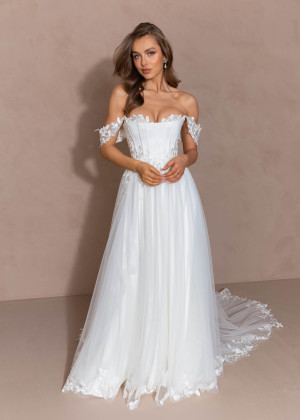 Ivory Lace Tulle Structured Wedding Dress With Detachable Straps